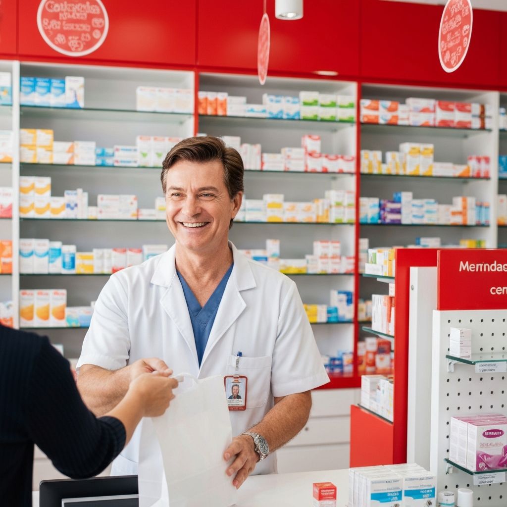 Farmacêutico entregando medicamentos em uma farmácia moderna